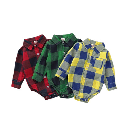 Newborn Baby Boy Bodysuit Plaid Print Long Sleeve Turn Down Collar Gentleman Shirt Jumpsuit Spring&Autumn Romper for 0-18Months