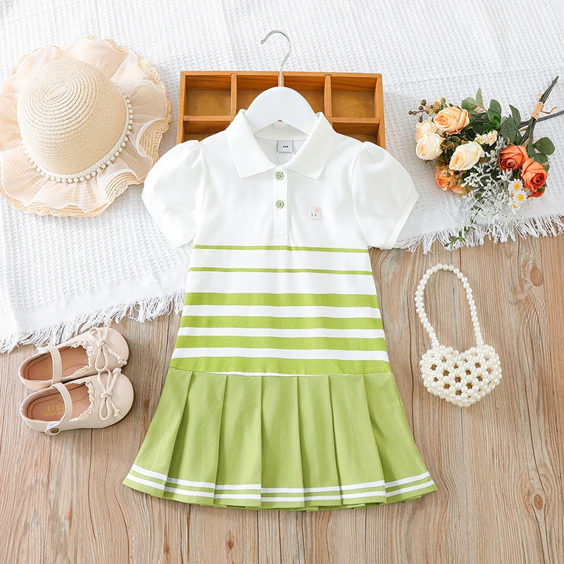 Girls' Fashion Polo Dress with Stripes Kids Elegant Puffed Sleeves Clothes Baby Girls Summer Dresses
