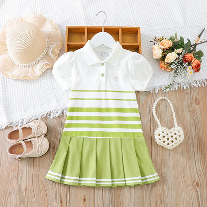 Girls' Fashion Polo Dress with Stripes Kids Elegant Puffed Sleeves Clothes Baby Girls Summer Dresses