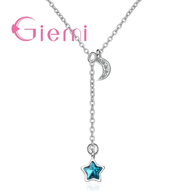 Fashion Romantic Casual Jewelry For Women Girl 925 Sterling Silver Chain Blue Star Shape Crystal Moon Wedding Birthday Accessori