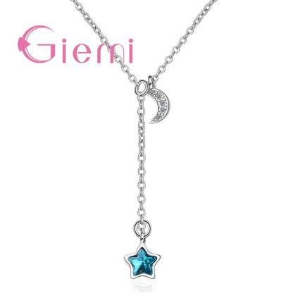 Fashion Romantic Casual Jewelry For Women Girl 925 Sterling Silver Chain Blue Star Shape Crystal Moon Wedding Birthday Accessori