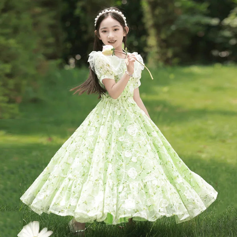 Girls Summer Dresses New Children's Princess Gown Big Kids Short-sleeved Dress Teen Girls Peter Pan Collar Clothing 4-12Y