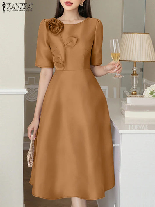 ZANZEA Elegant Woman Party Dresses Shiny Satin Round Neck Short Sleeve Fabric Flower A-line Robes Femme Fashion Midi Vestidos