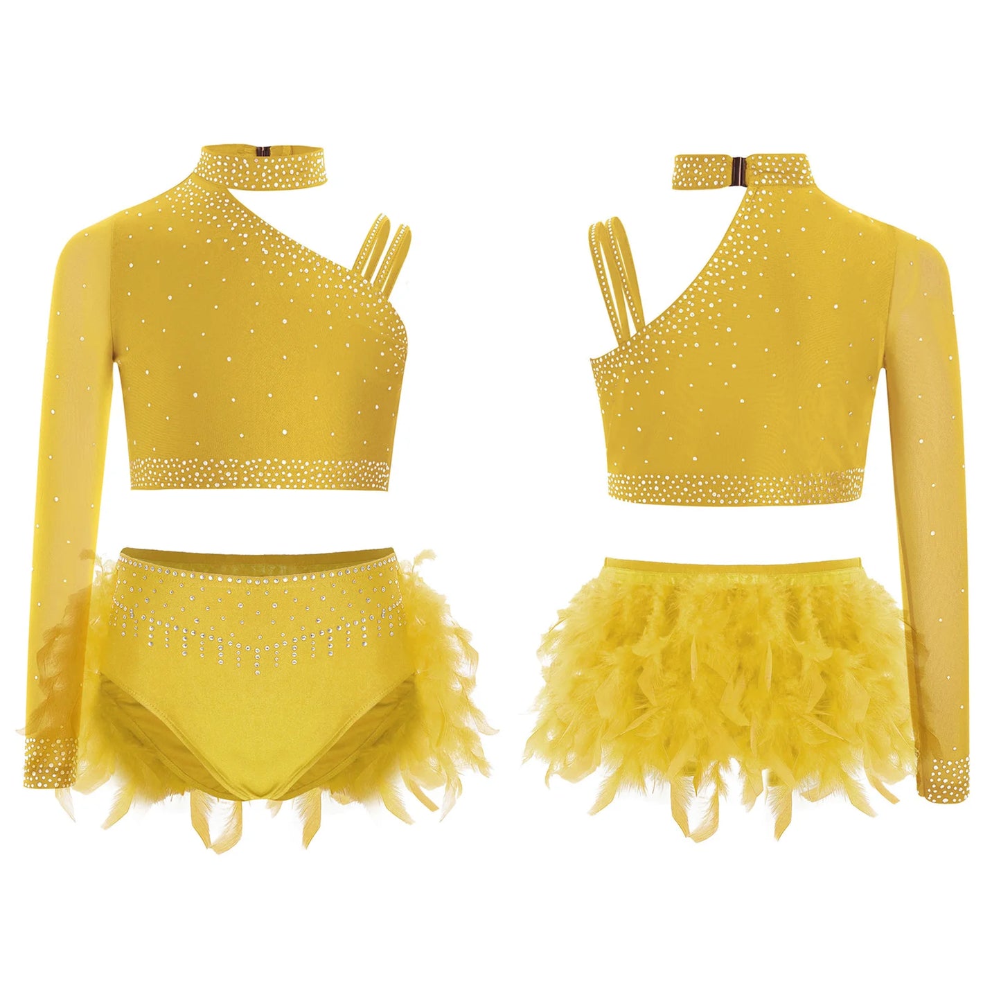 Girls Modern Dance Dress 2 Piece One-shoulder Sleeve Rhinestone Crop Top And Feather Skirts Sets Dance for Stage Performance