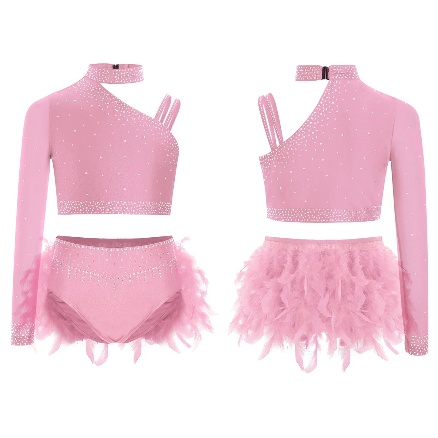 Girls Modern Dance Dress 2 Piece One-shoulder Sleeve Rhinestone Crop Top And Feather Skirts Sets Dance for Stage Performance