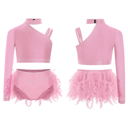 Girls Modern Dance Dress 2 Piece One-shoulder Sleeve Rhinestone Crop Top And Feather Skirts Sets Dance for Stage Performance