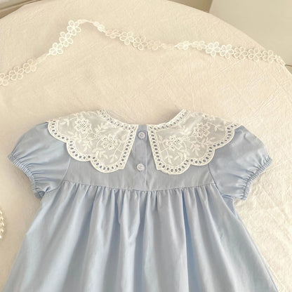 Baby Girls Dress Kids Summer Cute Flowers Dress 1-6 Yrs Children Fashion Doll Collar Princess Dress Blue Cotton Girl's Dresses