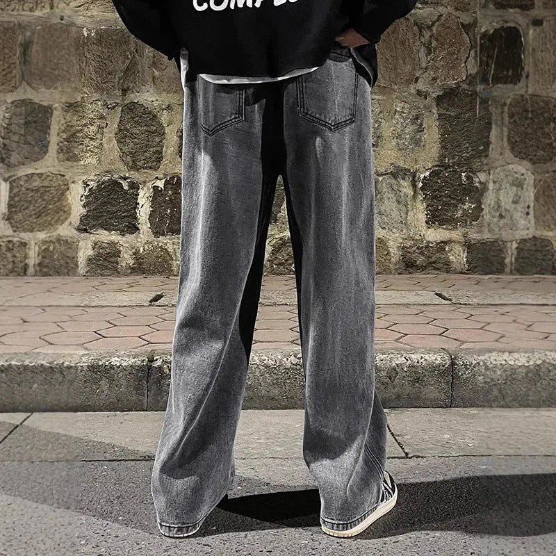 2024 New Streetwear Loose Jeans Men Korean Style Fashion Loose Straight Wide Leg Pants Men's Brand Clothing Black Light Blue
