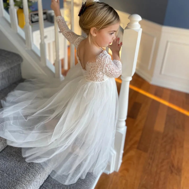Girl's dress 4-12 years fashionable hollow out long sleeved princess dress carnival birthday wedding flower girl bridesmaid Wear