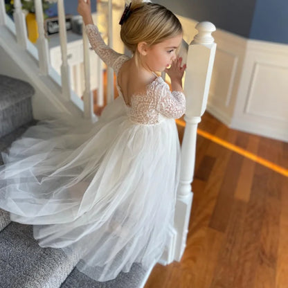 Girl's dress 4-12 years fashionable hollow out long sleeved princess dress carnival birthday wedding flower girl bridesmaid Wear