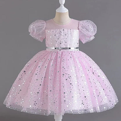 Summer Girls Dresses for Party and Wedding Lace Mesh Short Sleeve Girls Sequin Dress Fashion Girls Party Dress 4-10 Years