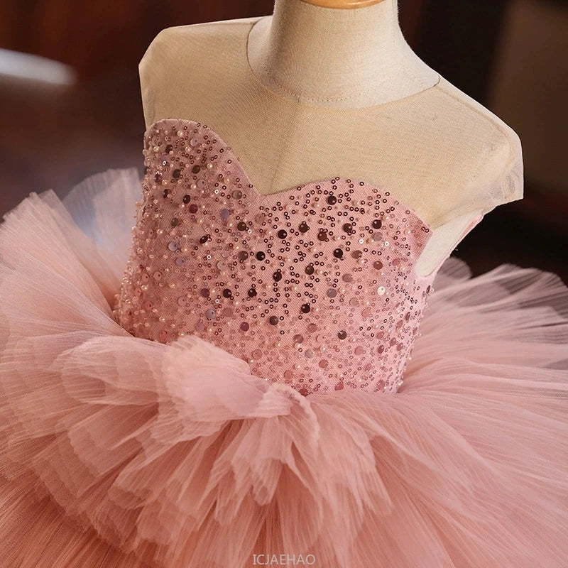 Girls Pageant Dress Stage Host Gown Kids Piano Performance Outfit Birthday Walking Formal Wear Party Flower Girl Wedding Show