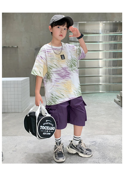 Summer  Boys Shorts Short Sleeve Shorts Handsome High Quality Leisure Sports Simple Two-piece Set.4-16year