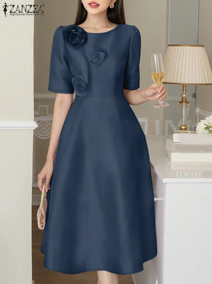 ZANZEA Elegant Woman Party Dresses Shiny Satin Round Neck Short Sleeve Fabric Flower A-line Robes Femme Fashion Midi Vestidos