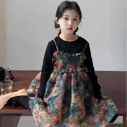 Girls Casual Dresses Autumn Girl Black T-shirt Camisole Flower Mesh Gauze Suit Princess Simple Printing Loose Beautiful 2024