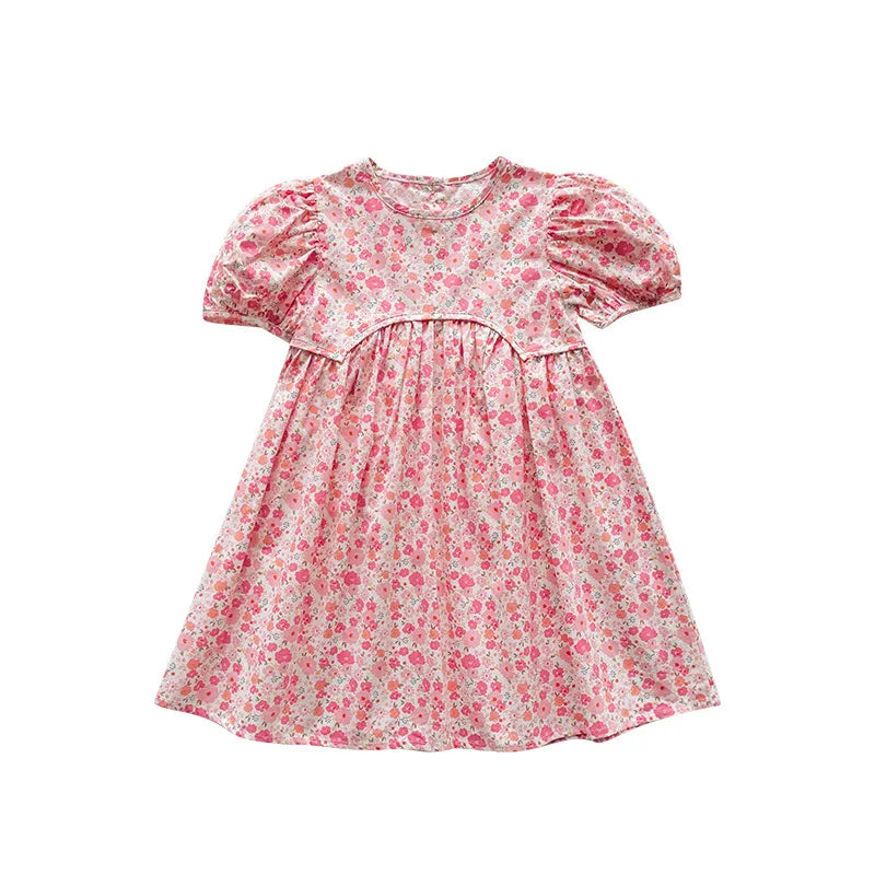 2025 Summer Kids Girls Dresses Short Sleeve A Line Girls Dresses Floral Print Pleated Dress For Girl