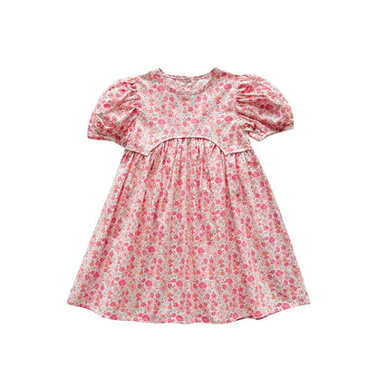 2025 Summer Kids Girls Dresses Short Sleeve A Line Girls Dresses Floral Print Pleated Dress For Girl
