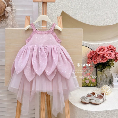 Flower Fairy Girl Dress Vest Sleeveless Shoulder Strap Suspender Princess Petal Skirt Magic Elves Halloween Dress