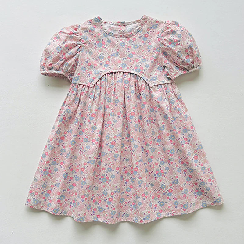 2025 Summer Kids Girls Dresses Short Sleeve A Line Girls Dresses Floral Print Pleated Dress For Girl