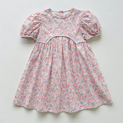 2025 Summer Kids Girls Dresses Short Sleeve A Line Girls Dresses Floral Print Pleated Dress For Girl