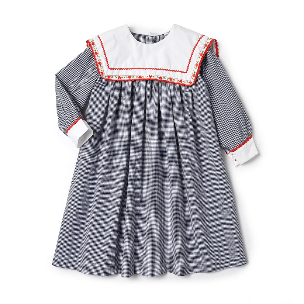 Vintage Dress Girls Kids Boutique Embroidery Square-cut Collar Plaid Dresses Girl Children Seven Sleeves Frocks Casual Clothing