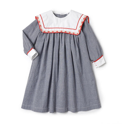 Vintage Dress Girls Kids Boutique Embroidery Square-cut Collar Plaid Dresses Girl Children Seven Sleeves Frocks Casual Clothing