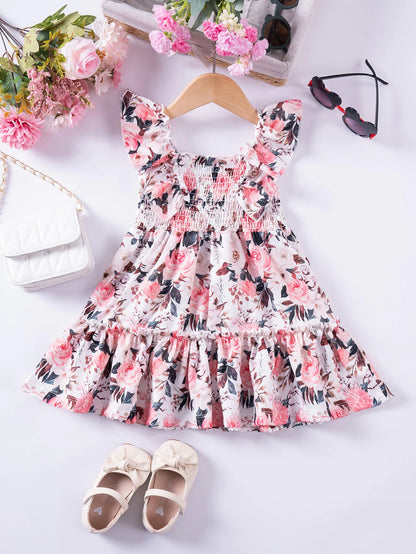 1 - 7 Y Baby Girls Sweet Floral Dress with Ruffled Sleeves & Smocked Waist - Perfect for Party & Summer Wear for Kids Girl Dress