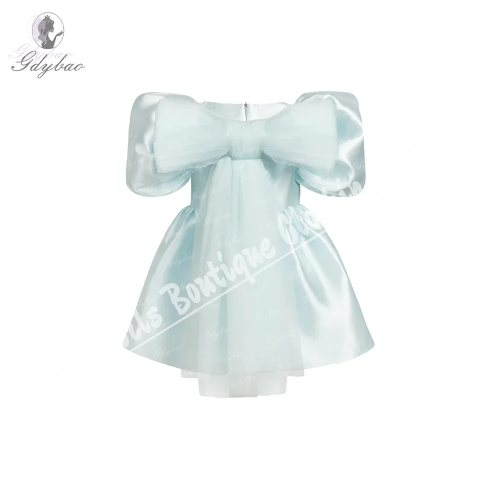 Girls Party Dresses Pink Satin 2025 Flower Girl Dress Bow Puff Sleeve Prom Baptism First Birthday Official Events