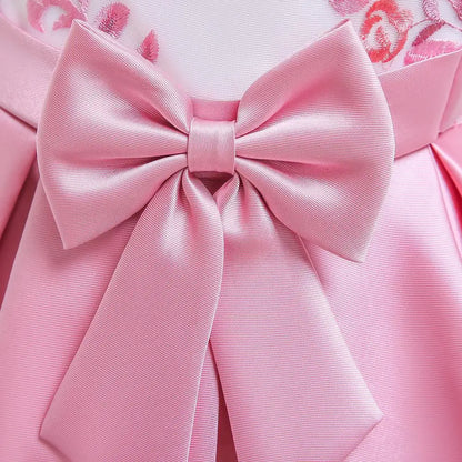 Party Prom Dress For Girls Flower Embroidery Princess Dresses Children Satin Bow Dovetail Dress For Kids Birthday Wedding Gown