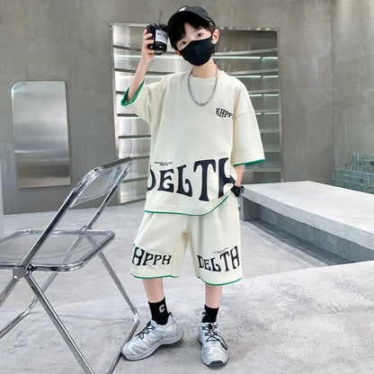 Boys Summer Letter Print Tee Shorts Two Piece Set New Big Kids Casual Wear Outfit Everyday Wear Simple Style Matching Children