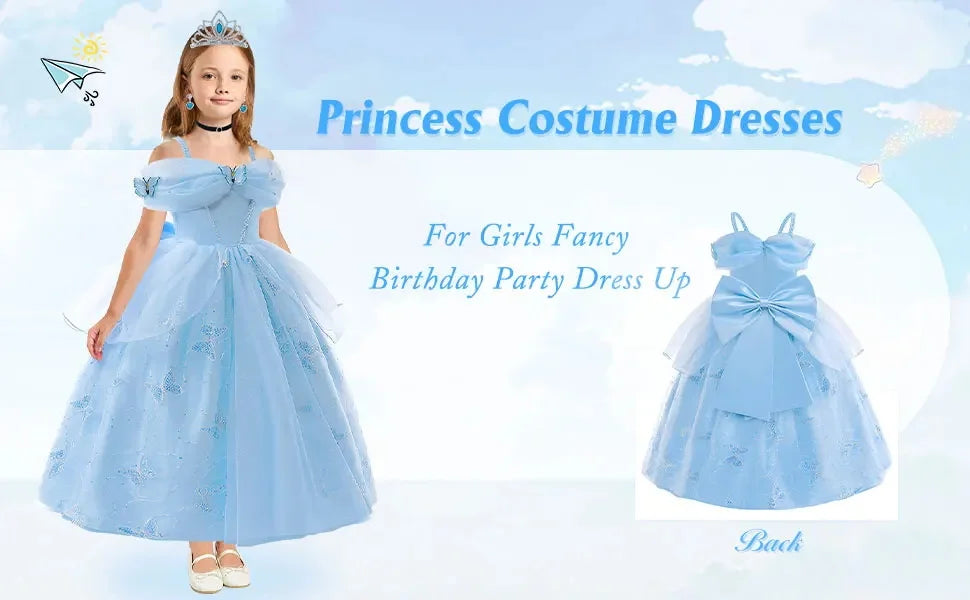 Children's Party Dresses For Girls Elegant Cinderella Princess Dress Kids Girl Butterfly Blue Evening Dress Sequin Prom Dress
