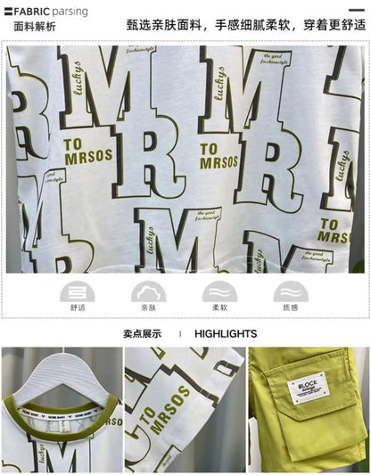 Boys Summer Short Sleeve Set 2024 New Fashionable Baby Clothes Boys Handsome Clothes Children's Letter Two Piece Set