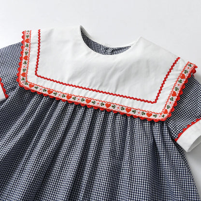 Vintage Dress Girls Kids Boutique Embroidery Square-cut Collar Plaid Dresses Girl Children Seven Sleeves Frocks Casual Clothing