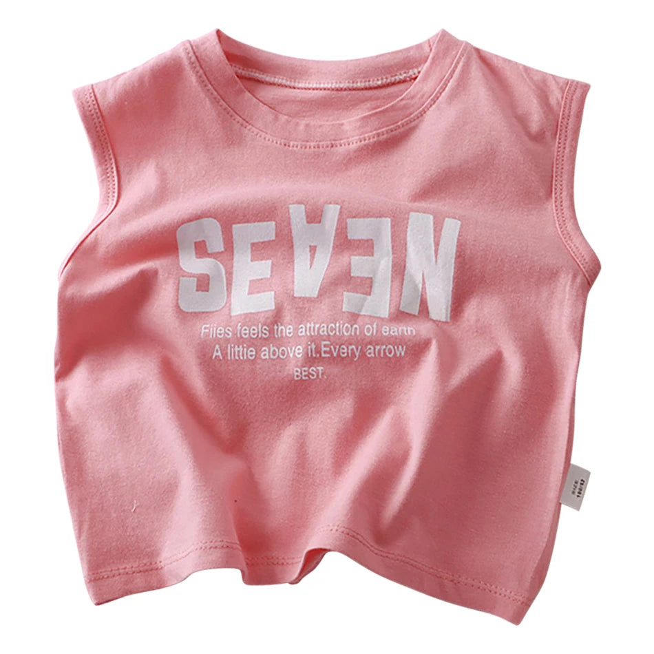 Summer Boys Letter Print Tops Girls Wide Shoulder Vest Children's O-neck T-shirt 2025 Baby Kids Korean Solid Sleeveless Tank Top