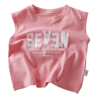 Summer Boys Letter Print Tops Girls Wide Shoulder Vest Children's O-neck T-shirt 2025 Baby Kids Korean Solid Sleeveless Tank Top