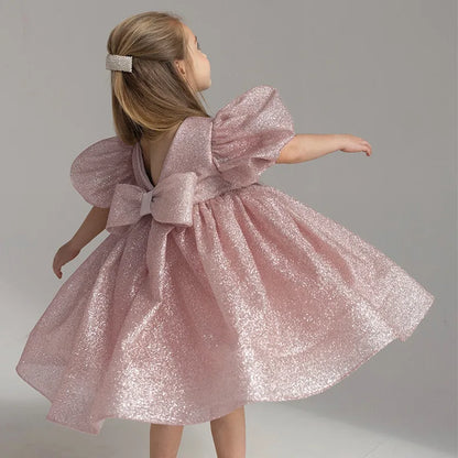 Elegant Puffy Luxury Girls Party Dresses Bowknot Evening Dress Flower Girl Princess Dress For Weddings Solid Bridesmaid Costume
