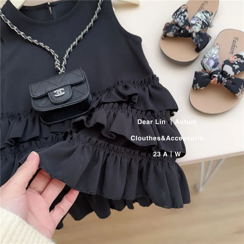 New Summer Kids Dresses for Girls Pure Color All-match Lace Girls  Short-sleeved Dress Baby Princess Dress Girls Clothes