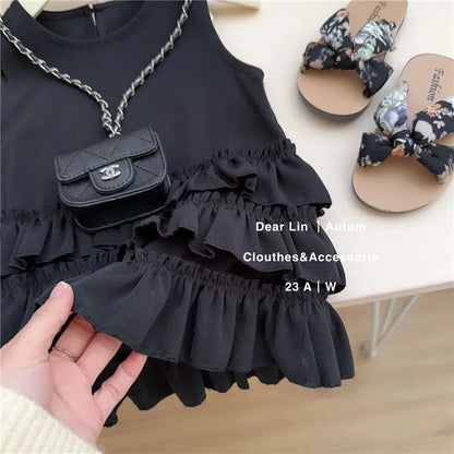 New Summer Kids Dresses for Girls Pure Color All-match Lace Girls  Short-sleeved Dress Baby Princess Dress Girls Clothes