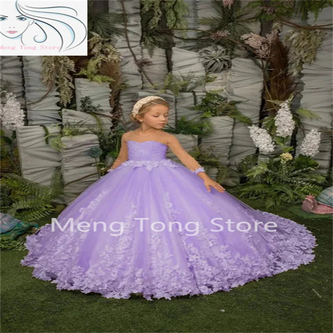 Elegance Flower Girl Dress Three Quartersleeve Appliqué Children Wedding Party Gowns New Kids Clothes Princess First Communion