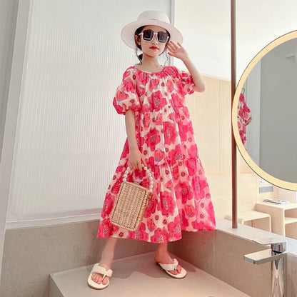 Girl's Large Flower Dress 2025 New Summer Children's Foreign-Style Loose Korean Version of the Older Girls Floral Lazy Skirt
