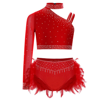 Girls Modern Dance Dress 2 Piece One-shoulder Sleeve Rhinestone Crop Top And Feather Skirts Sets Dance for Stage Performance