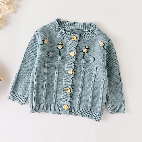 Winter Spring Baby Knitted Clothing Long Sleeved Floral Embroidery Knitting Coat Newborn Baby Girls Knitting Cardigan Sweater (Available)