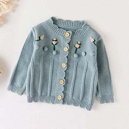 Winter Spring Baby Knitted Clothing Long Sleeved Floral Embroidery Knitting Coat Newborn Baby Girls Knitting Cardigan Sweater (Available)