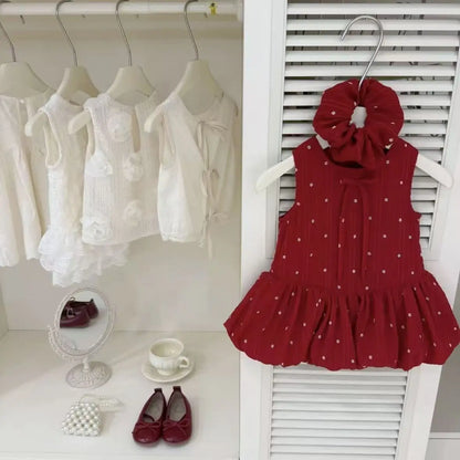 Girls Summer Dresses 2025 New Fashionable Casual Daily Sleeveless Floral Print Lightweight Red Bud Dress with Hair Band