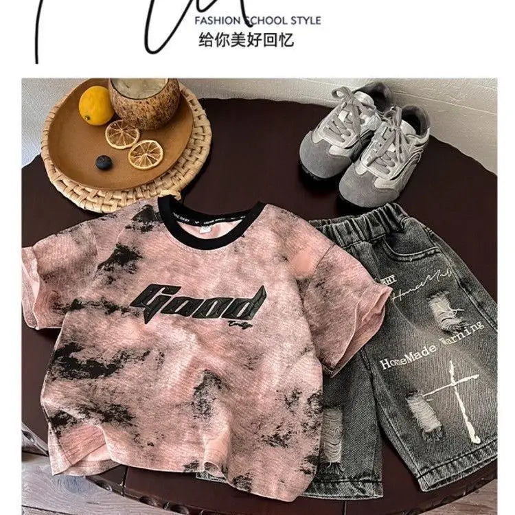 Summer Baby Boys Fashion High Quality Set Cotton Boy Short Sleeved Hole T-shirt + Denim Shorts Kids Loose Casual Clothes 2-11Y