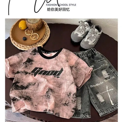 Summer Baby Boys Fashion High Quality Set Cotton Boy Short Sleeved Hole T-shirt + Denim Shorts Kids Loose Casual Clothes 2-11Y