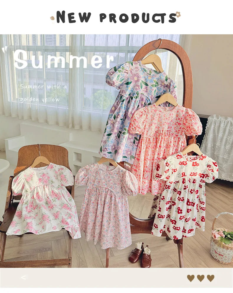 2025 Summer Kids Girls Dresses Short Sleeve A Line Girls Dresses Floral Print Pleated Dress For Girl