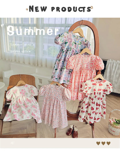 2025 Summer Kids Girls Dresses Short Sleeve A Line Girls Dresses Floral Print Pleated Dress For Girl