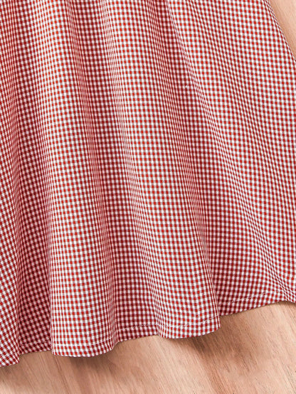 Girl's Red & White Gingham Dress with Flutter Sleeves & Floral Accents - Perfect for Holidays/Outings, Age 4-7, Spring/Summer