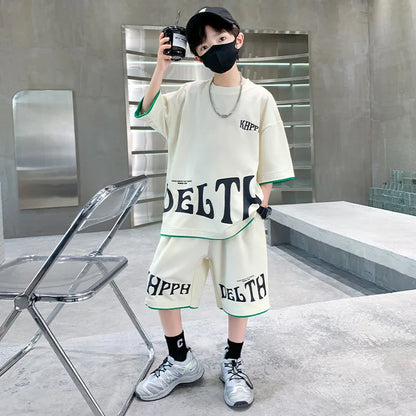 Boys Summer Letter Print Tee Shorts Two Piece Set New Big Kids Casual Wear Outfit Everyday Wear Simple Style Matching Children